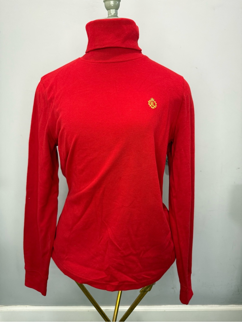 Ralph Lauren Red Turtleneck Long-Sleeve Top with Gold Crest